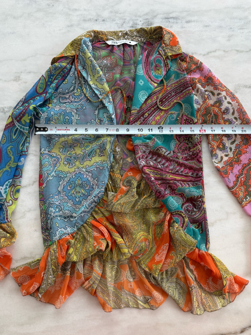 Zara Paisley Print Ruffle Blouse Boho Bell Sleeve Sheer Top Women Size S - Picture 6 of 12
